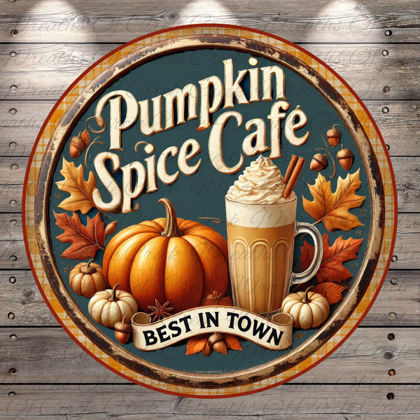 a circular sign for a pumpkin spice cafe, surrounded by autumn-themed elements such as pumpkins, acorns, and cinnamon sticks.