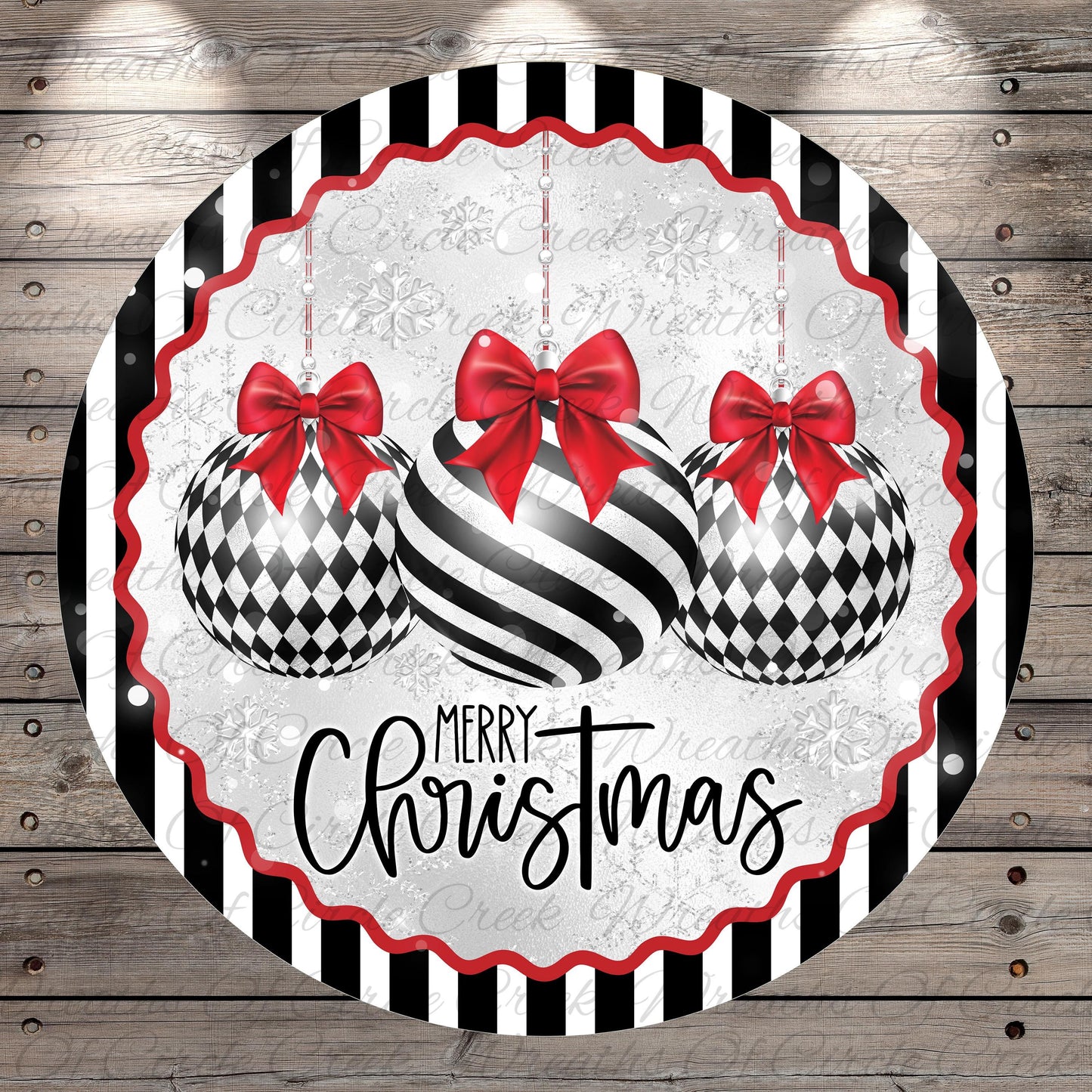 A festive Christmas-themed image featuring three black and white striped Christmas ornaments with red bows, surrounded by a decorative border with the text "Merry Christmas" displayed on it.