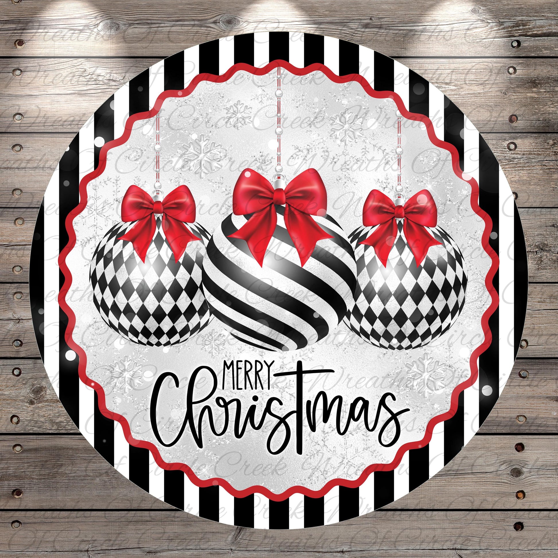 A festive Christmas-themed image featuring three black and white striped Christmas ornaments with red bows, surrounded by a decorative border with the text "Merry Christmas" displayed on it.