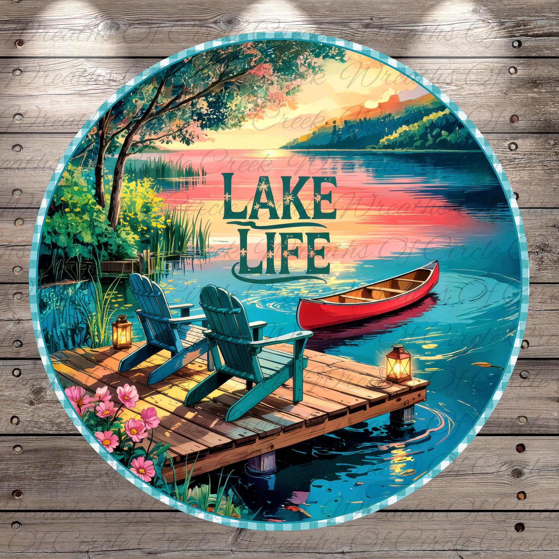 A serene lakeside scene with a wooden dock, two Adirondack chairs, a red canoe, and a sunset over the water.