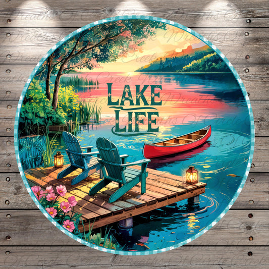 A serene lakeside scene with a wooden dock, two Adirondack chairs, a red canoe, and a sunset over the water.