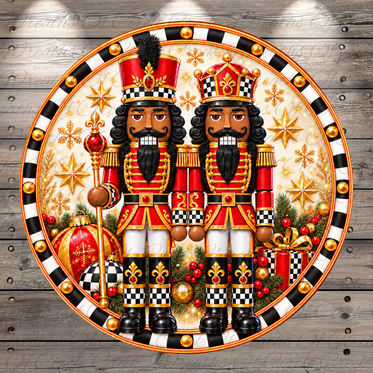 A decorative circular frame with two nutcracker figures wearing red and gold outfits, surrounded by holiday decorations such as snowflakes, stars, and ornaments.