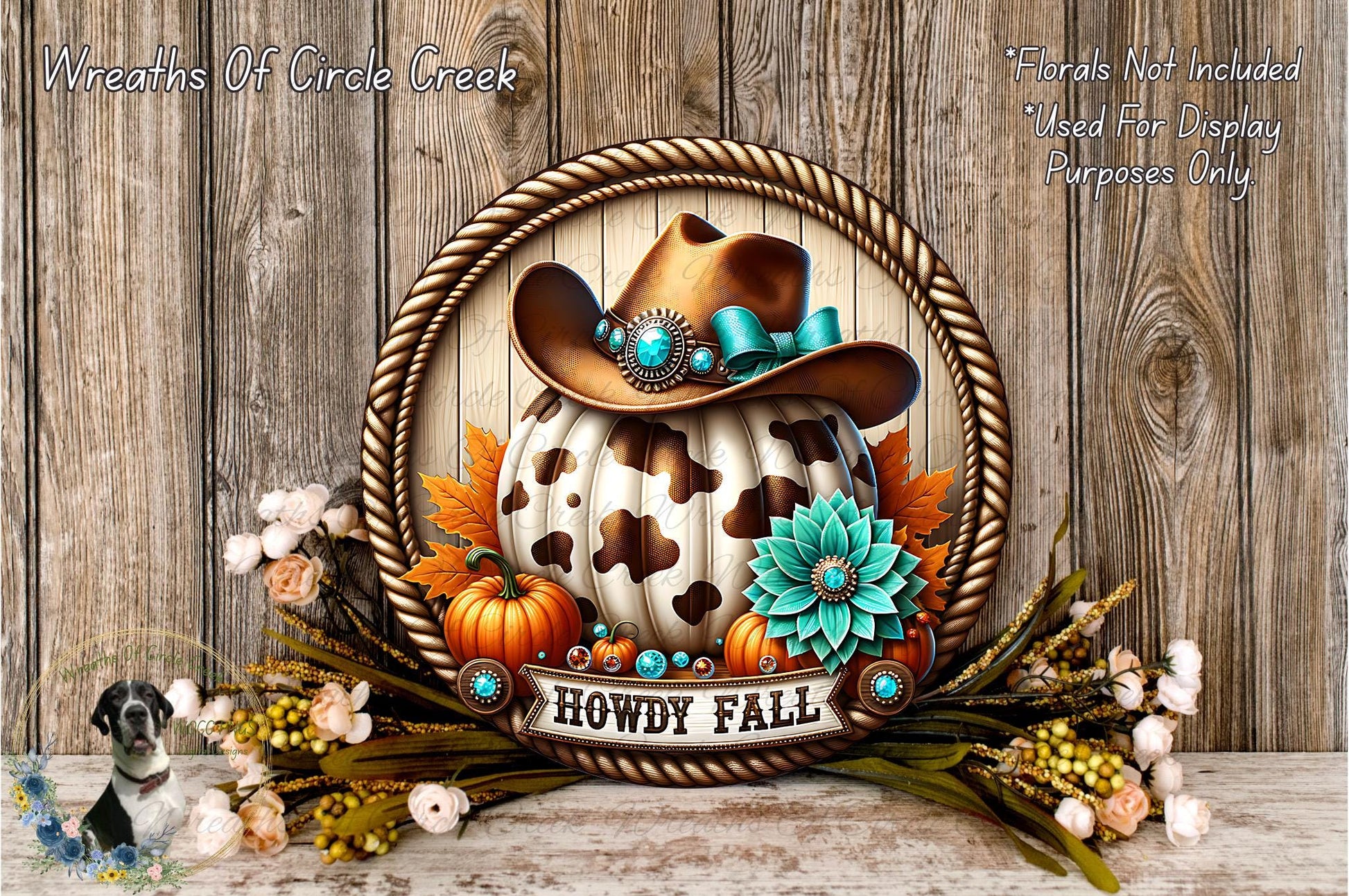 A decorative wreath with a cowboy hat, pumpkins, and flowers, including a "Howdy Fall" banner, set against a rustic wooden background.