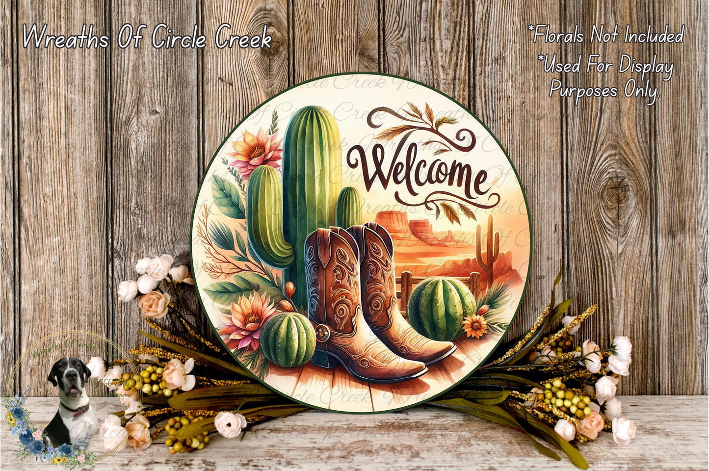 a decorative plate with a welcoming message, surrounded by various elements such as cacti, flowers, and boots, all set against a rustic wooden background.