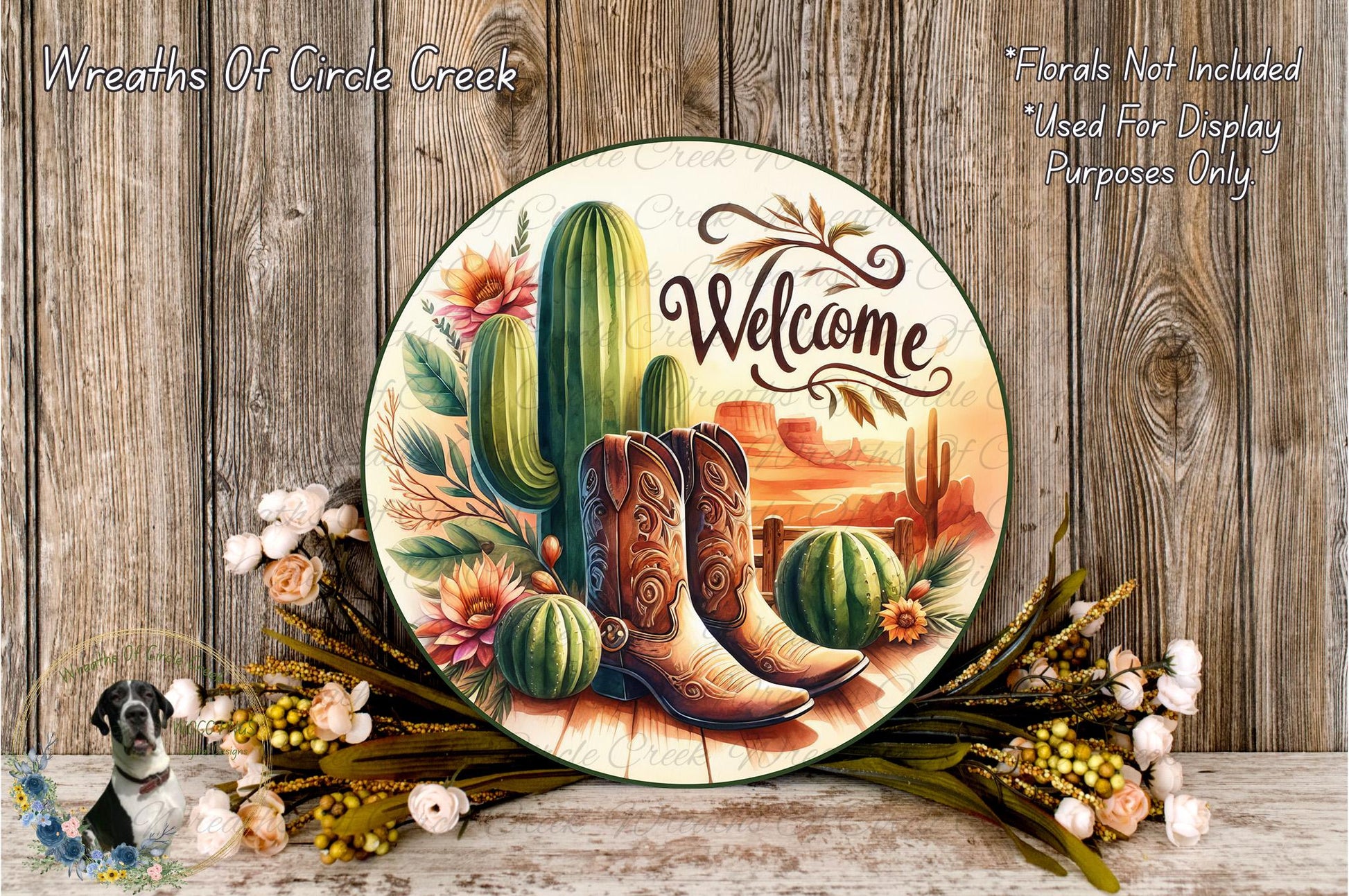 a decorative plate with a welcoming message, surrounded by various elements such as cacti, flowers, and boots, all set against a rustic wooden background.