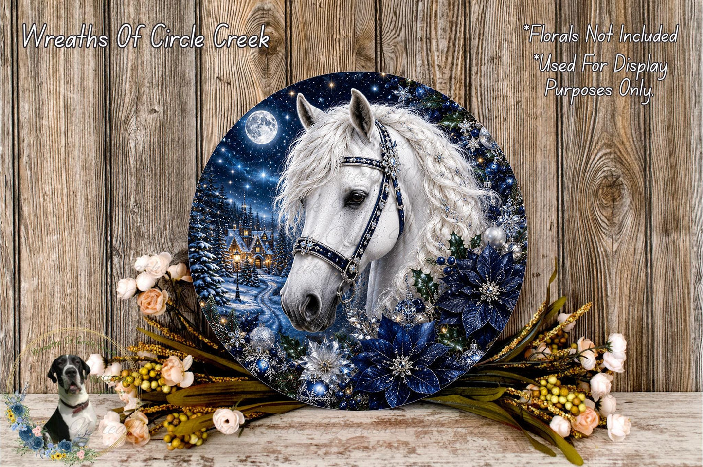 A decorative plate featuring a white horse against a night sky backdrop, surrounded by flowers and greenery.