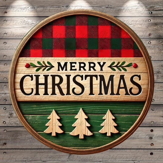 A circular wooden sign with the text "MERRY CHRISTMAS" in bold letters, surrounded by a plaid pattern and three wooden Christmas tree cutouts.
