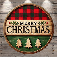 A circular wooden sign with the text "MERRY CHRISTMAS" in bold letters, surrounded by a plaid pattern and three wooden Christmas tree cutouts.
