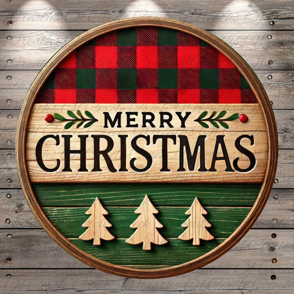 A circular wooden sign with the text "MERRY CHRISTMAS" in bold letters, surrounded by a plaid pattern and three wooden Christmas tree cutouts.
