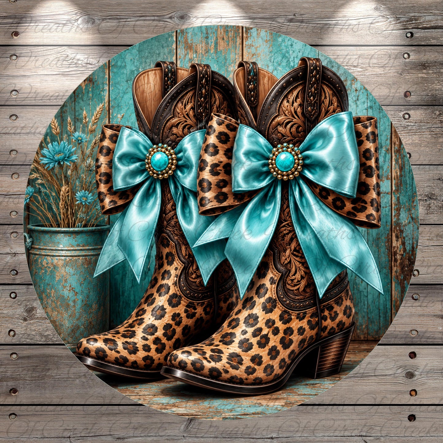 A pair of leopard-print cowboy boots with blue bows, set against a rustic wooden background.