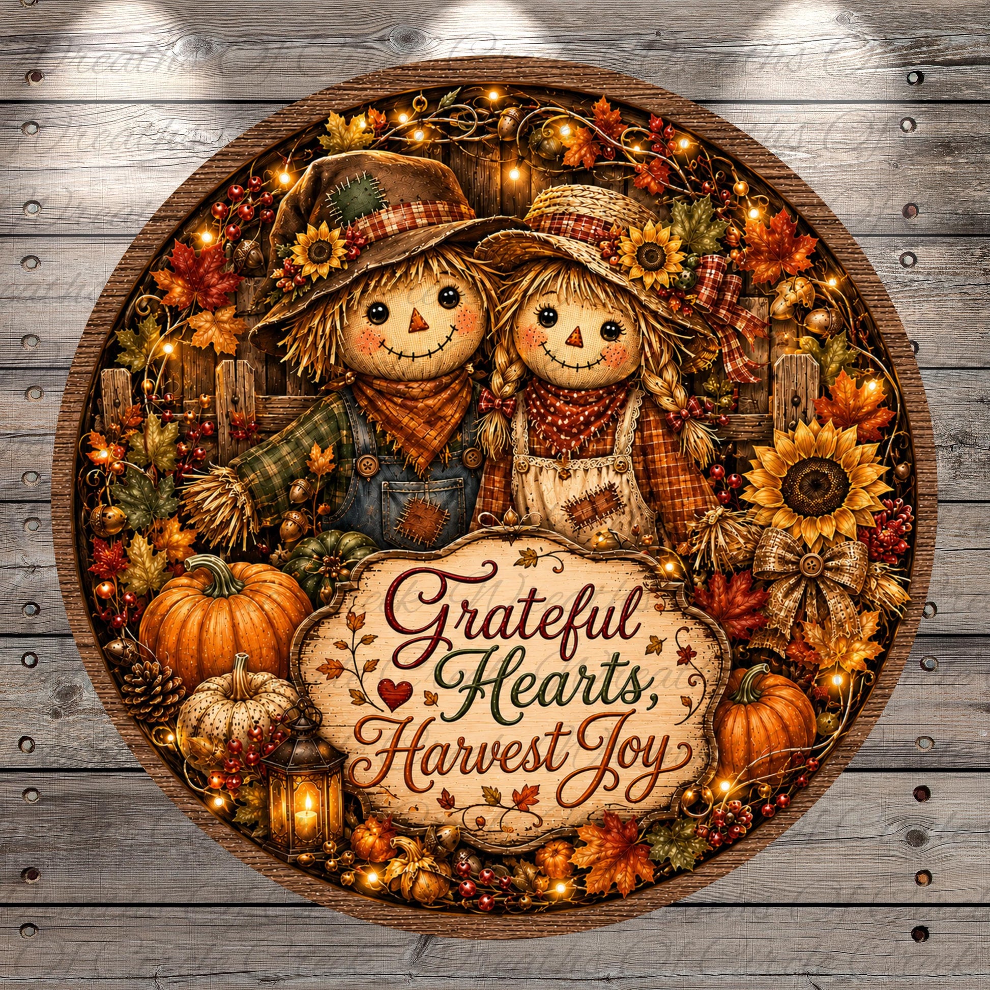 A round wreath with two scarecrow dolls, a sign that says "Grateful Hearts, Harvest Joy", and various fall-themed decorations such as pumpkins, sunflowers, and leaves.