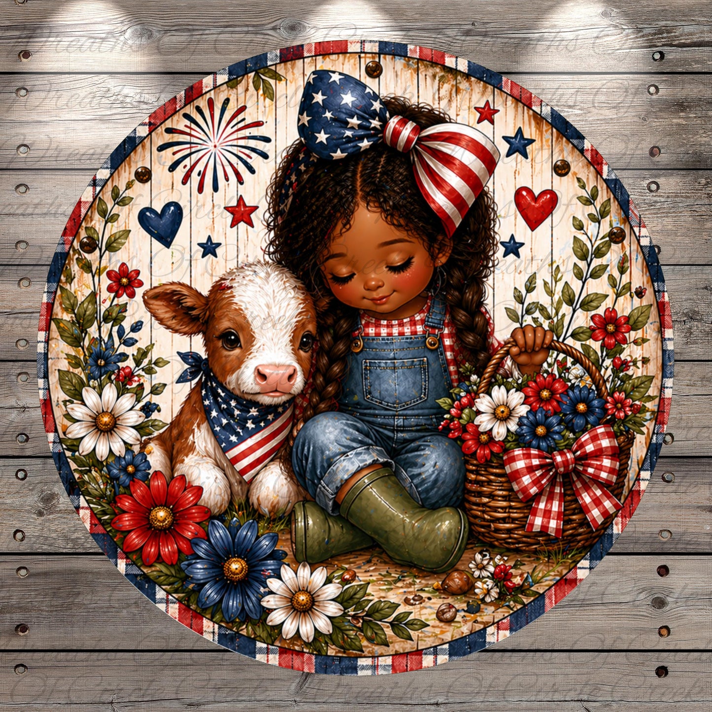 A young girl with curly hair is sitting on the ground, holding a basket filled with flowers, and cuddling a cow. The scene is surrounded by a patriotic theme, with American flags, stars, and red, white, and blue colors.