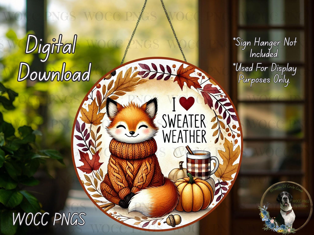 The image is a digital download of a round sign featuring a cartoon fox wearing a sweater and surrounded by autumn-themed elements such as pumpkins, leaves, and a mug.