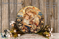 a large circular painting of a woman holding a child, surrounded by flowers and greenery, placed on a wooden surface.