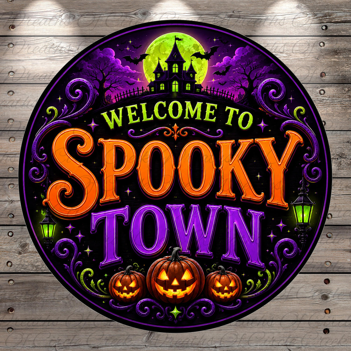 The image is a circular sign with a Halloween theme, featuring a castle, bats, pumpkins, and a full moon. The text "WELCOME TO SPOKEY TOWN" is prominently displayed in the center of the sign.
