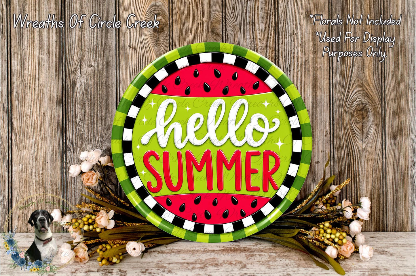 A colorful sign with the text "Hello Summer" is displayed on a wooden surface, surrounded by flowers and greenery.