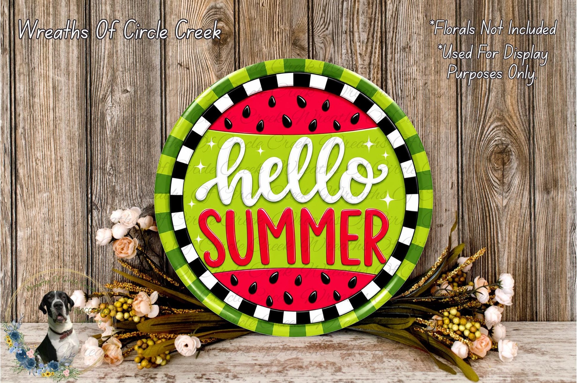 A colorful sign with the text "Hello Summer" is displayed on a wooden surface, surrounded by flowers and greenery.