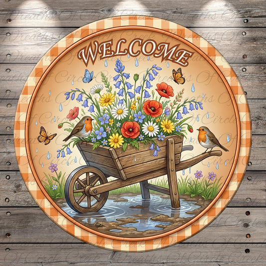 a circular sign with a wooden wheelbarrow filled with colorful flowers, surrounded by birds and butterflies. The sign has the text "Welcome" written on it.