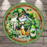 A cheerful cartoon character wearing a green hat and holding a beer bottle, surrounded by shamrocks and a "Happy St. Patrick's Day" greeting.
