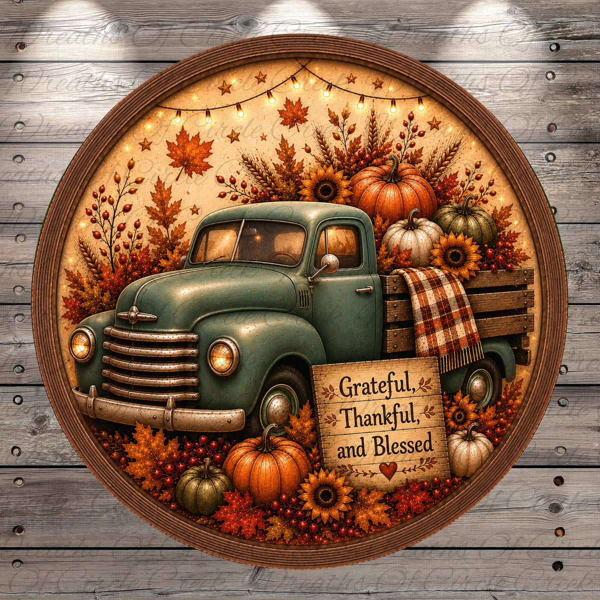 A vintage green truck is surrounded by autumn decorations, including pumpkins, sunflowers, and leaves, with a sign that says "Grateful, Thankful, and Blessed".
