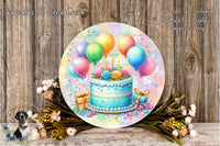 a birthday cake surrounded by colorful balloons, flowers, and confetti, creating a festive atmosphere.