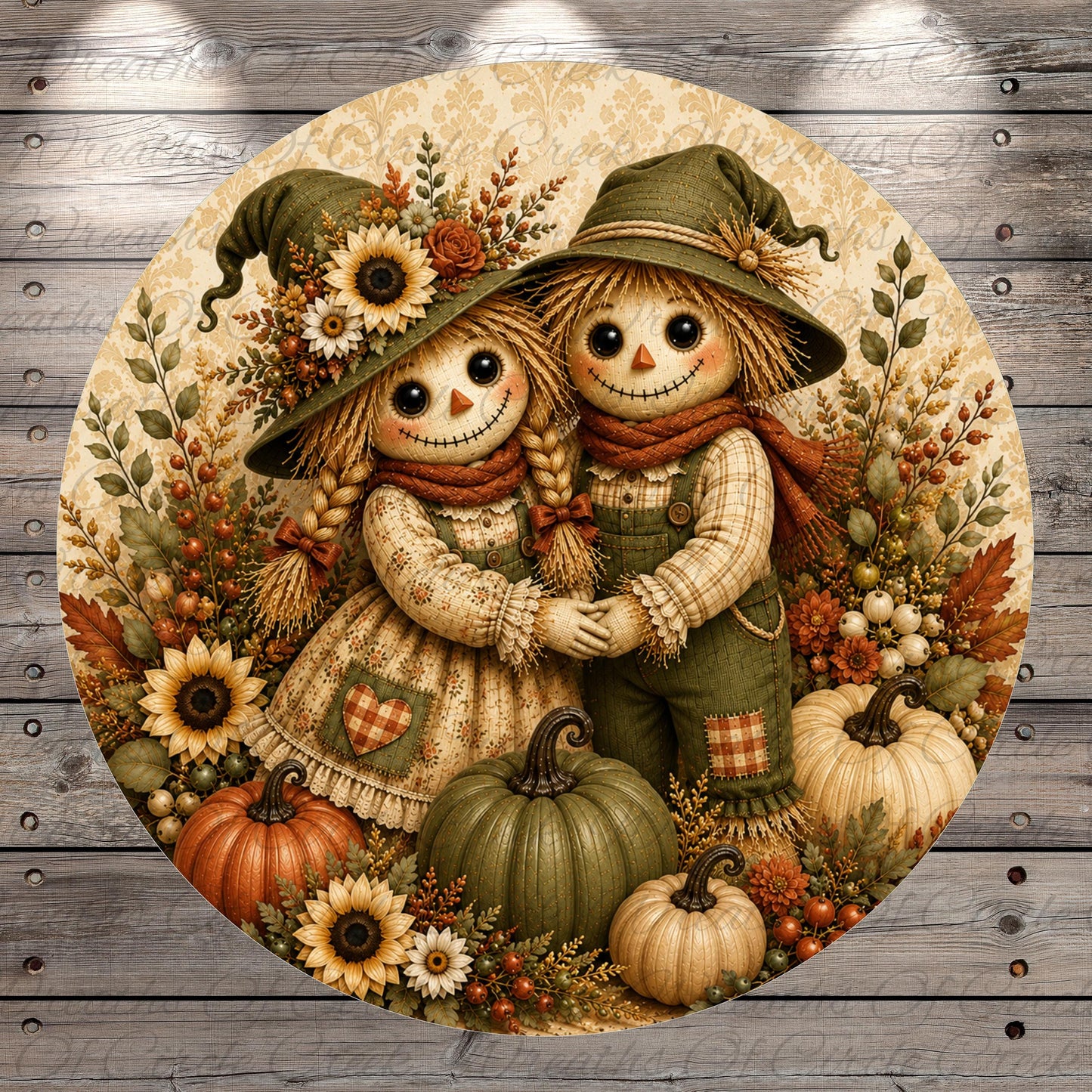 A round, decorative image featuring two scarecrow dolls, one male and one female, surrounded by autumn-themed elements such as pumpkins, sunflowers, and leaves.