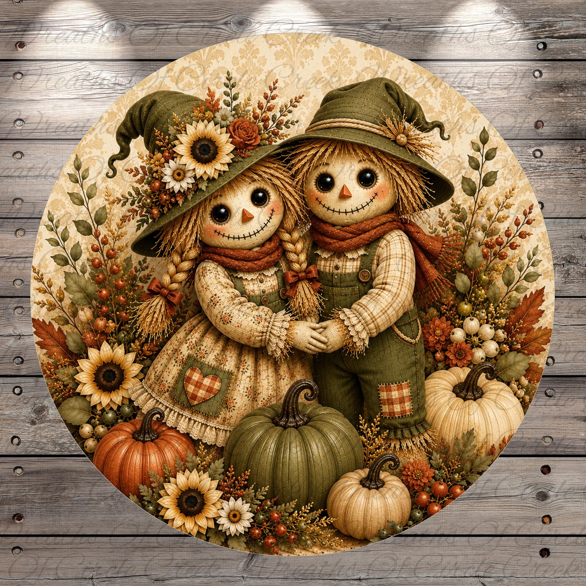 A round, decorative image featuring two scarecrow dolls, one male and one female, surrounded by autumn-themed elements such as pumpkins, sunflowers, and leaves.