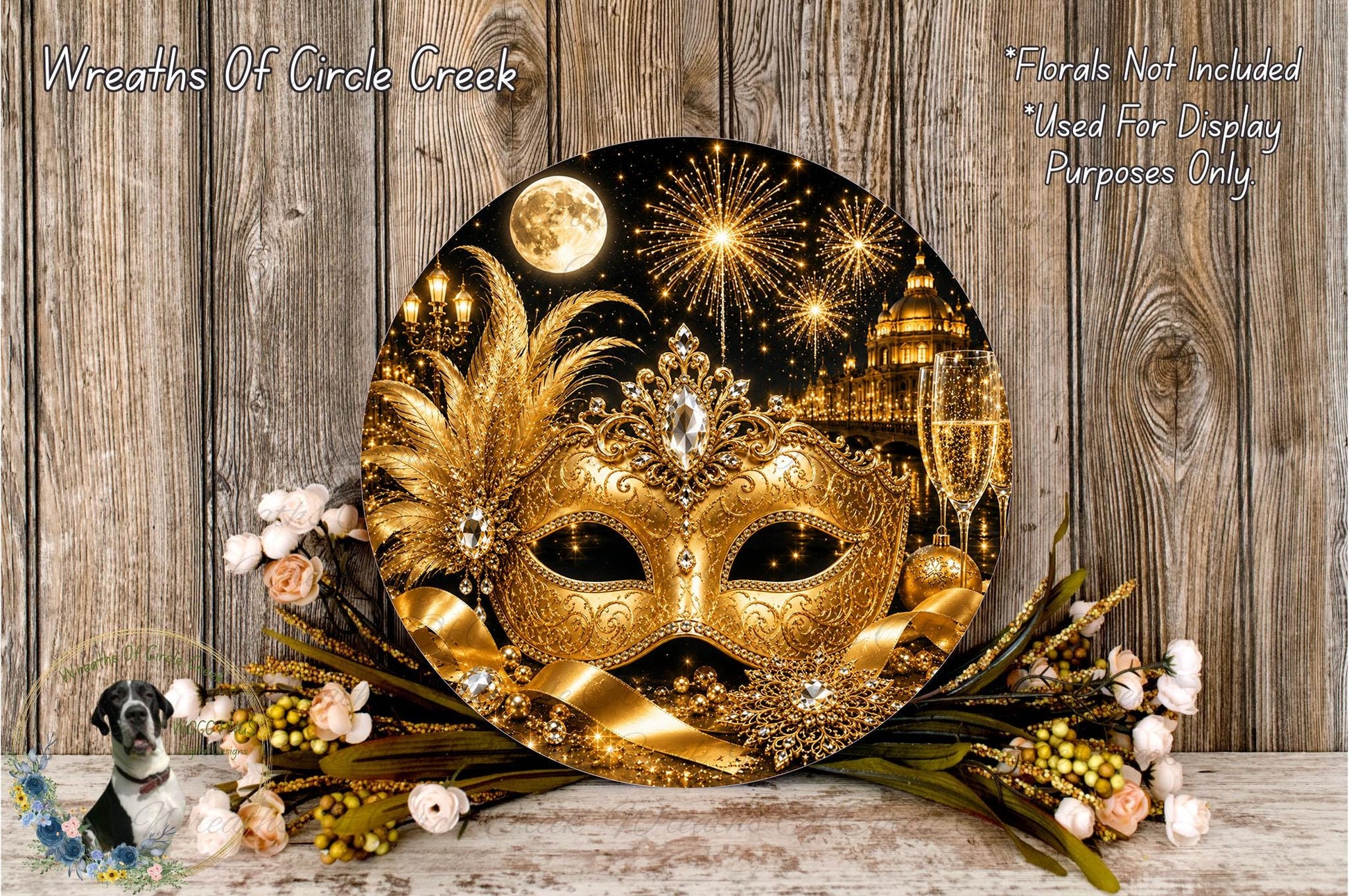 a large, ornate golden mask with intricate details, surrounded by a floral arrangement and a full moon, creating a festive and celebratory atmosphere.