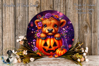 A Halloween-themed wreath featuring a pumpkin with a carved face, surrounded by flowers and a small dog.
