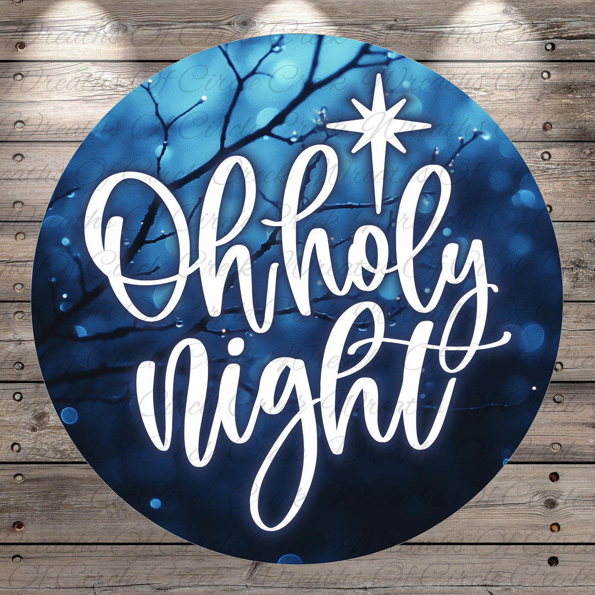 A circular graphic with the text "Oh holy night" written in a cursive font against a blue background with a star and branches.
