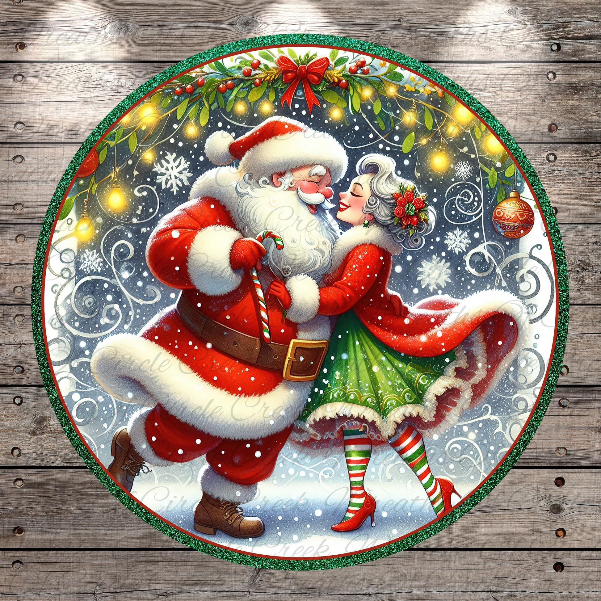 Santa Claus and a woman in a green dress are dancing together in a snowy winter scene, surrounded by festive decorations and twinkling lights.