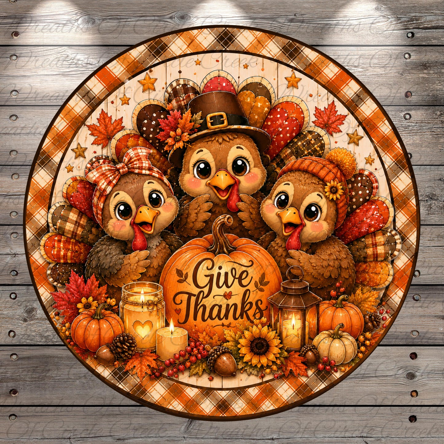 A festive Thanksgiving scene featuring three cheerful cartoon turkeys surrounded by autumn decorations such as pumpkins, sunflowers, and pine cones. The turkeys are wearing hats and the phrase "Give Thanks" is displayed prominently in the center of the image.