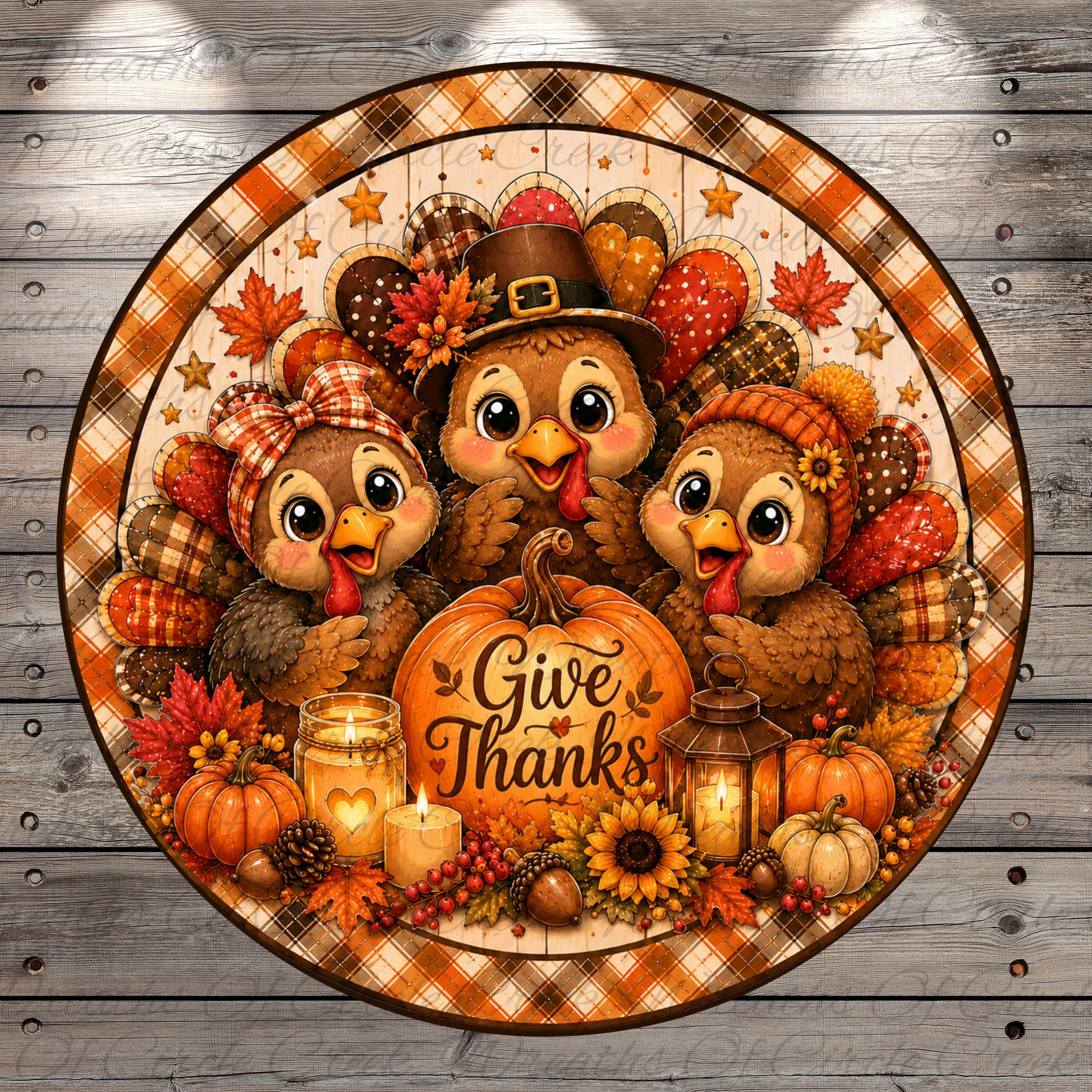 A festive Thanksgiving scene featuring three cheerful cartoon turkeys surrounded by autumn decorations such as pumpkins, sunflowers, and pine cones. The turkeys are wearing hats and the phrase "Give Thanks" is displayed prominently in the center of the image.