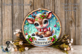 A festive Christmas wreath featuring a cartoon reindeer with a "Merry Christmas" banner, surrounded by holiday decorations such as flowers and greenery.