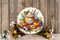 a round wooden plaque with a pumpkin-themed design, surrounded by autumn-themed decorations such as flowers, a scarf, and a mug with a pumpkin.
