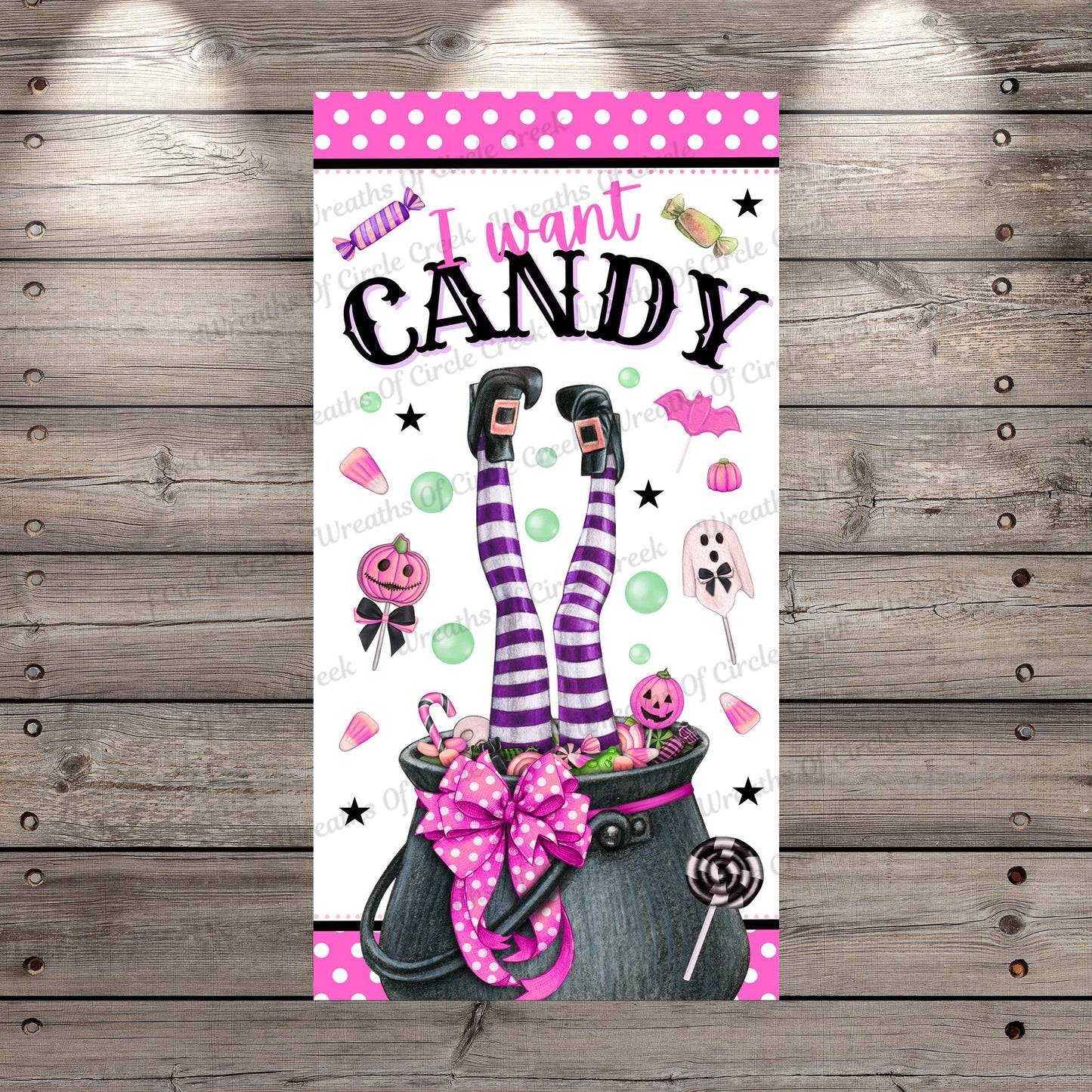 I Want Candy | 6" x 12" Halloween Sign | Lightweight Metal | Pink | No Holes in Sign | Fun Witch and Pumpkin Art for Halloween