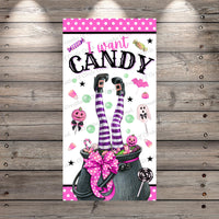 I Want Candy | 6" x 12" Halloween Sign | Lightweight Metal | Pink | No Holes in Sign | Fun Witch and Pumpkin Art for Halloween