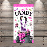 I Want Candy | 6" x 12" Halloween Sign | Lightweight Metal | Pink | No Holes in Sign | Fun Witch and Pumpkin Art for Halloween