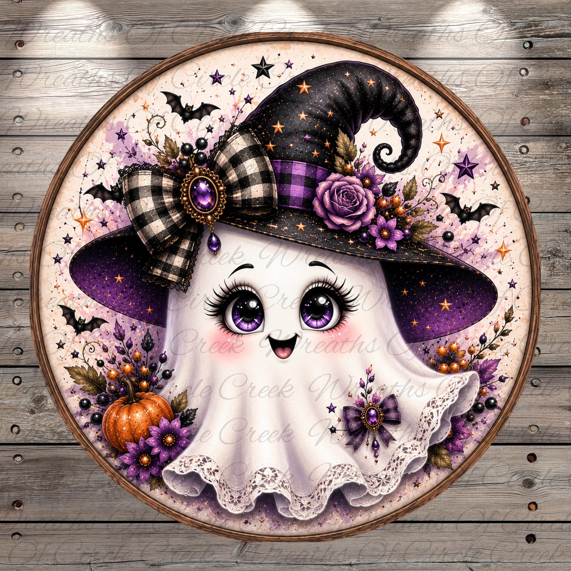 A whimsical illustration of a ghost-like figure wearing a witch's hat adorned with purple flowers, surrounded by a variety of autumn-themed elements such as pumpkins, bats, and stars.