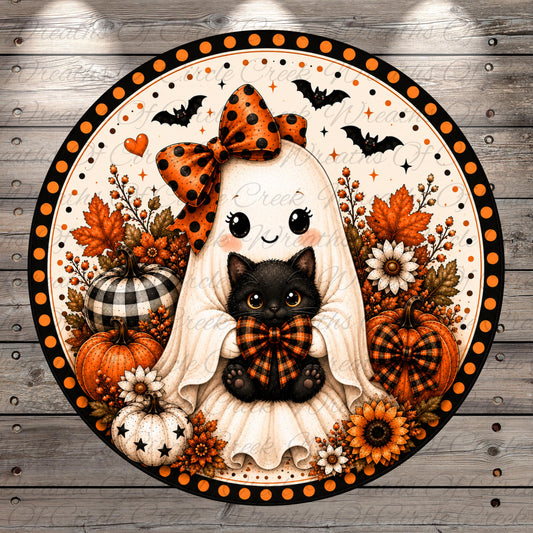 A whimsical Halloween-themed illustration featuring a ghost with a bow, a black cat, pumpkins, flowers, and bats against a wooden background.