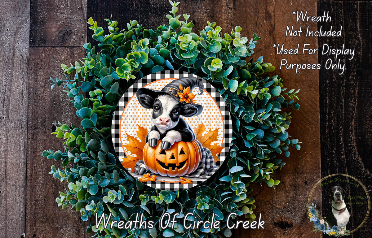 Halloween Cow Jack O'Lantern Round Aluminum Metal Wreath Sign (Lightweight, No Holes)