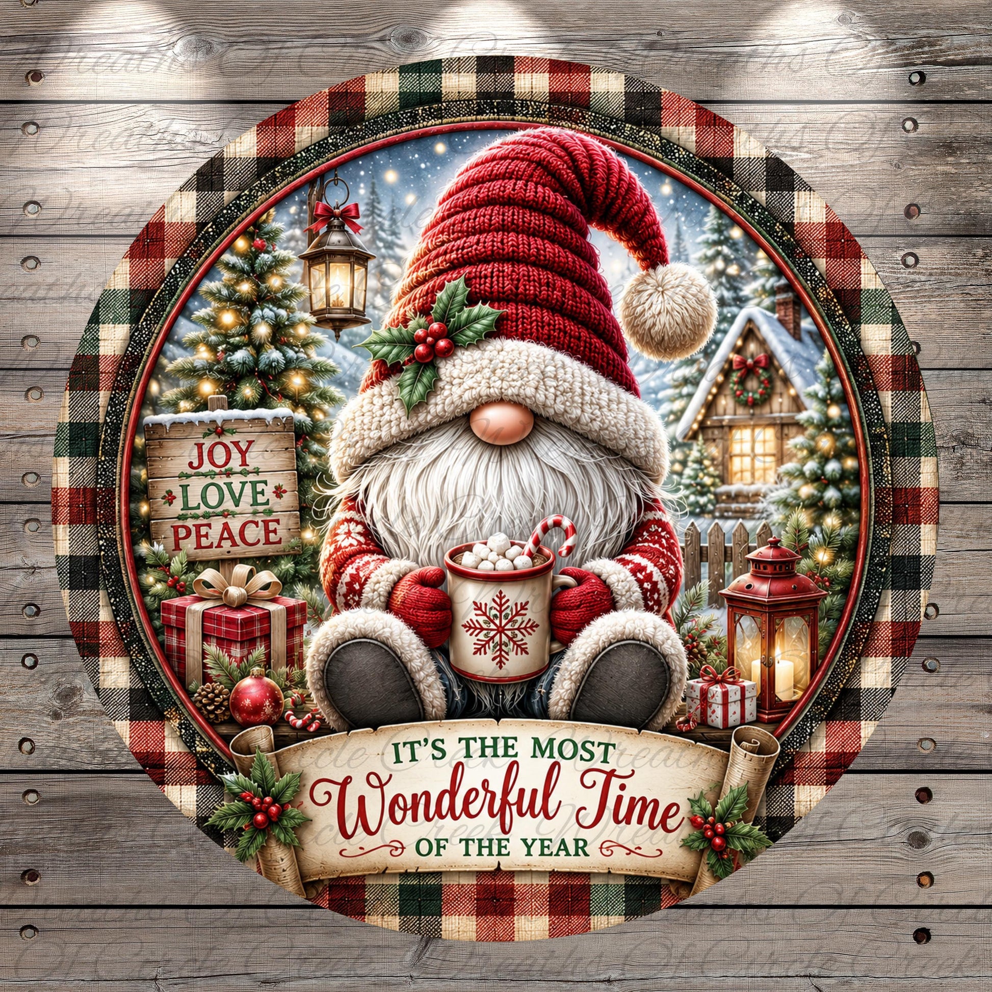 A festive Christmas scene featuring a gnome wearing a red hat and holding a mug of hot chocolate, surrounded by holiday decorations such as a Christmas tree, presents, and a wreath.