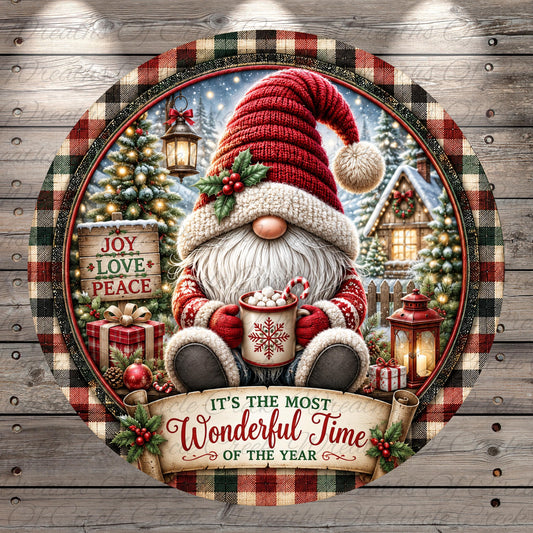 A festive Christmas scene featuring a gnome wearing a red hat and holding a mug of hot chocolate, surrounded by holiday decorations such as a Christmas tree, presents, and a wreath.