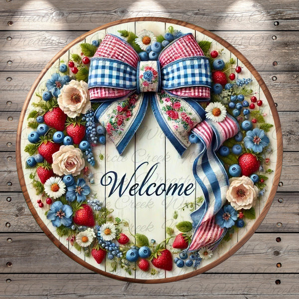 a welcome sign with flowers and berries on it