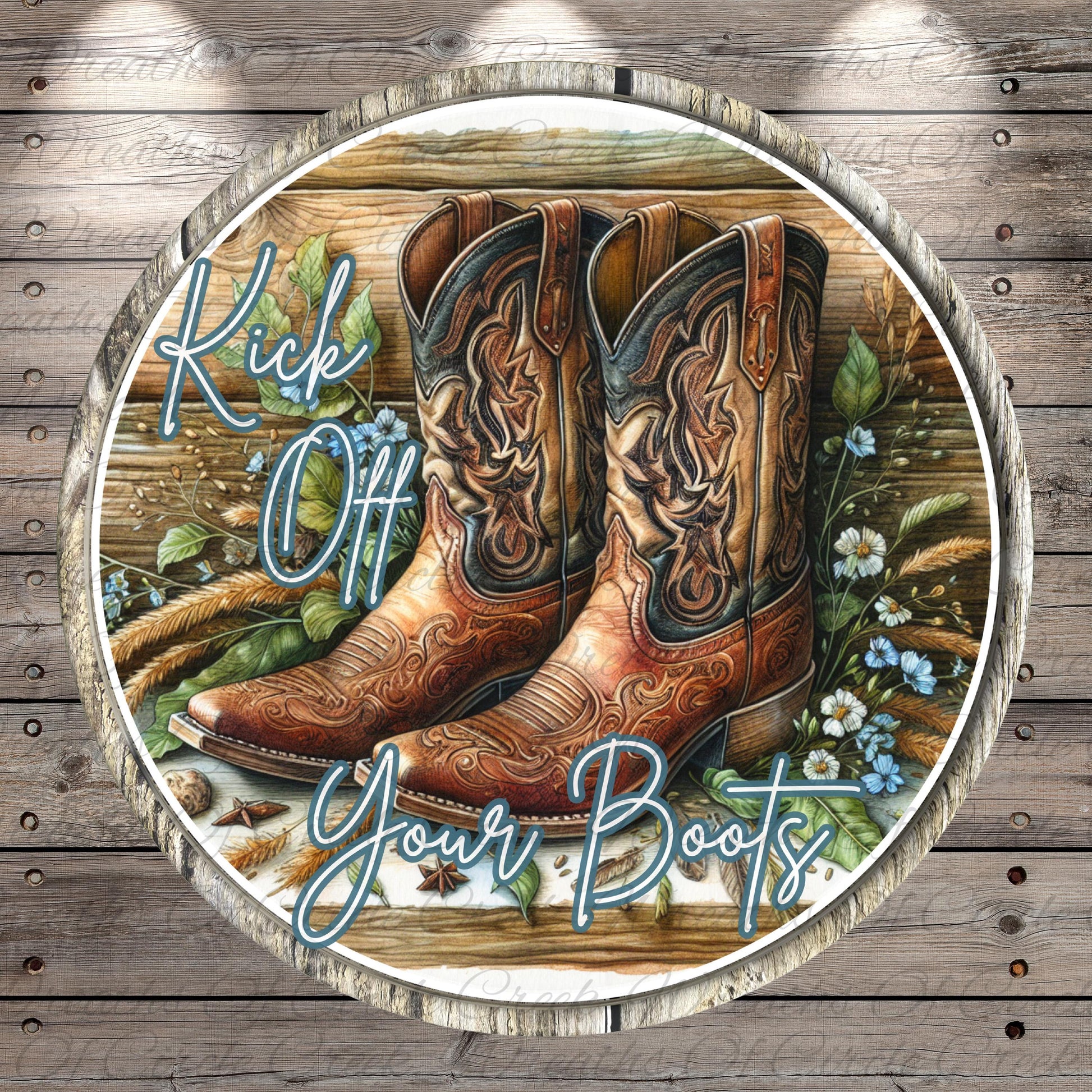 A pair of brown cowboy boots with intricate designs, surrounded by flowers and foliage, with the text "Kick off your boots" displayed prominently.