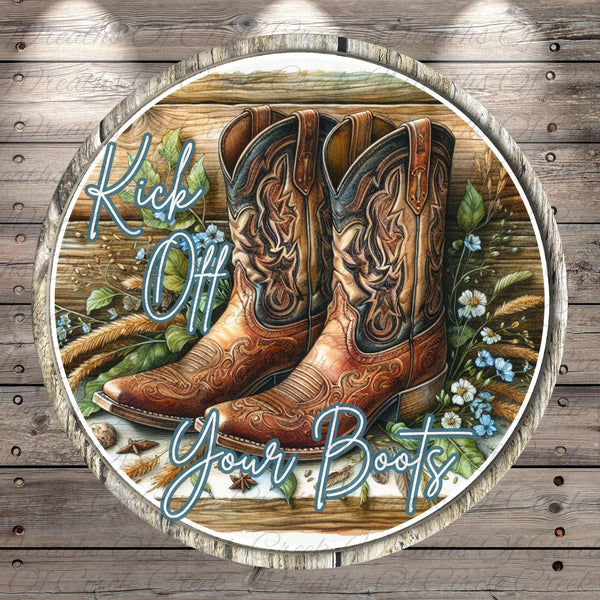 A pair of brown cowboy boots with intricate designs, surrounded by flowers and foliage, with the text "Kick off your boots" displayed prominently.