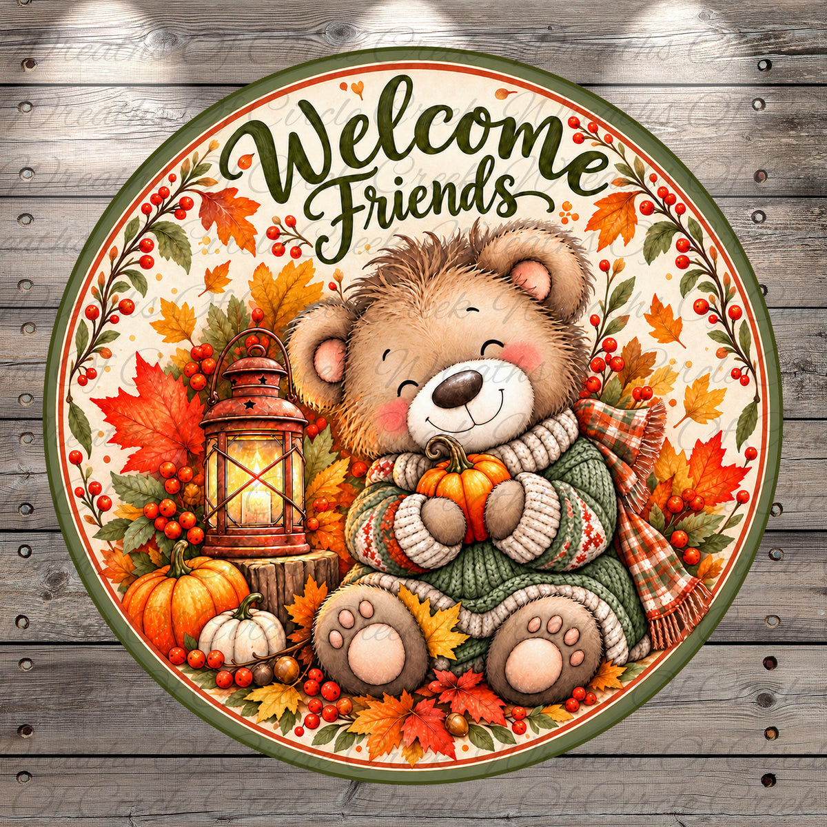 A cheerful teddy bear holding a pumpkin and surrounded by autumn leaves and a lantern, with the text "Welcome Friends" written above it.