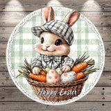 A cheerful Easter bunny wearing a plaid hat and holding a basket filled with carrots and Easter eggs, surrounded by a lace-trimmed border.