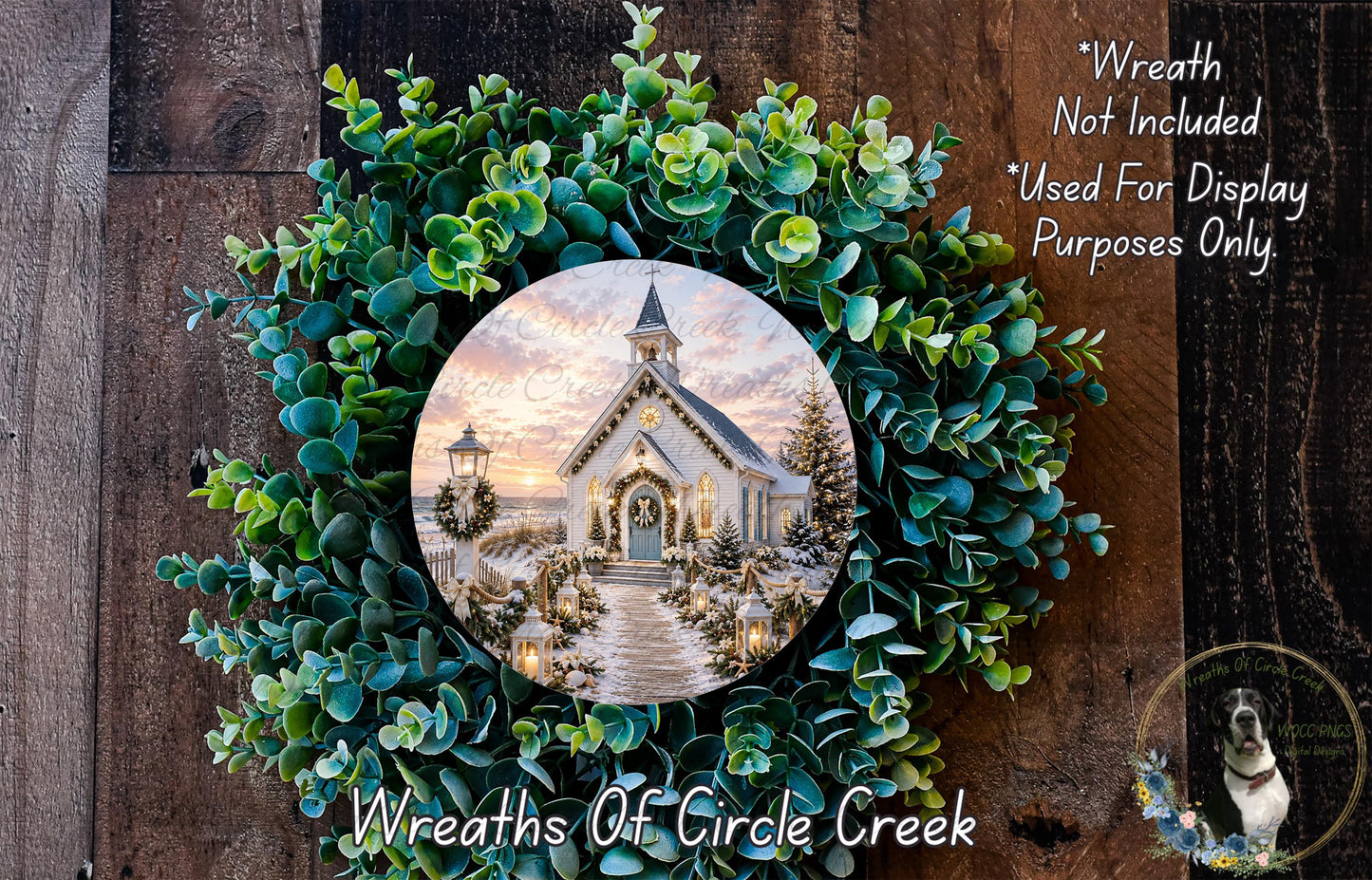 A wreath made of green leaves and a circular photo of a church with a snowy landscape in the background.