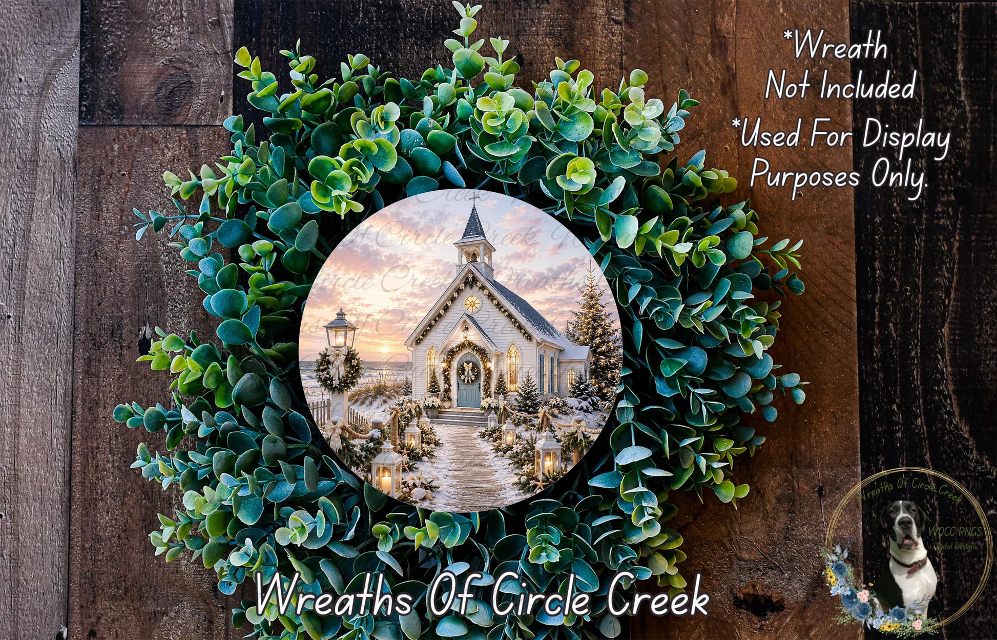 A wreath made of green leaves and a circular photo of a church with a snowy landscape in the background.